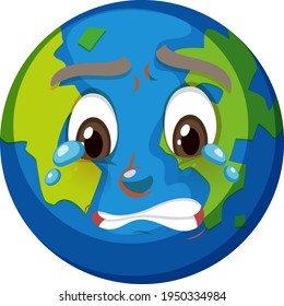 Earth cartoon character with crying face expression on white background illustration