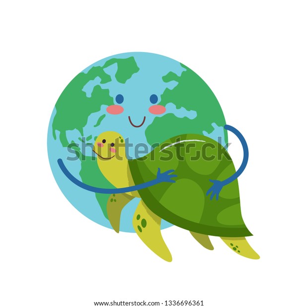 地球の漫画のキャラクターがウミガメを抱きしめている エコキャンペーンイラスト ベクター画像 のベクター画像素材 ロイヤリティフリー