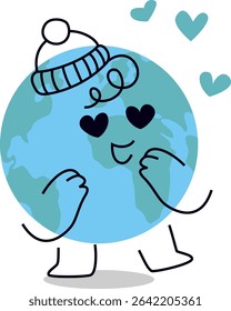 Earth cartoon character in love isolated on transparent background. Cute hand drawn vector illustration for world environment day posters, eco campaigns, and environmental education. Editable stroke.