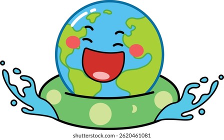 Earth Cartoon Character in Pool Party – Fun Summer Planet Vector