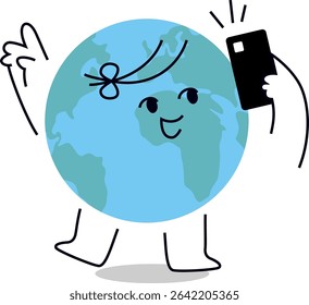 Earth cartoon character taking selfie. Cute hand drawn vector illustration isolated on transparent background.  World environment day posters, eco ads, and environmental education. Editable stroke.