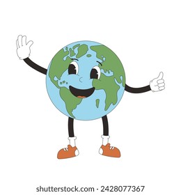 Earth cartoon character waving his hand in retro style. Smiling planet character isolated on white background. World environment day. Vector illustration