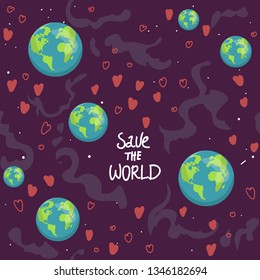 earth Cartoon globe, hearts web icons green happy nature character. love ecology earth planet world map seamless pattern vector illustration. For textile print, wrapping paper. save the world