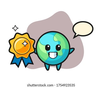 Earth cartoon holding a golden badge