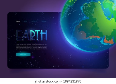 Earth cartoon landing page, planet in Universe digital concept with glowing sphere in outer space. Environment protection, scientific research, eco conservation or galaxy travel, vector web banner