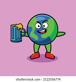 Earth cartoon mascot character with beer glass and cute stylish design