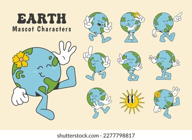 earth cartoon mascot characters in trendy retro style, vector illustration