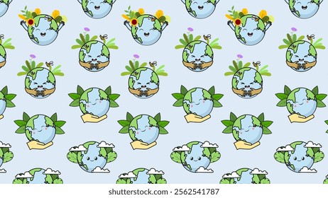 Earth cartoon pattern background. Earth cartoon illustration pattern. Earth cartoon background. Perfect for fabrics, print, textile, wallpaper, and decor. SSTKbackgrounds 