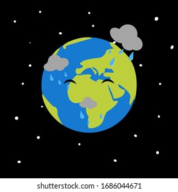 Diseño plano minimalista del vector de lluvia de la Tierra. Icono de la caricatura de globo con fondo de estrella