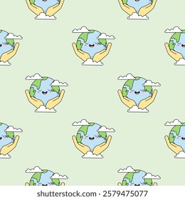Earth cartoon seamless pattern background. Earth doodle illustration. Earth cartoon background. Perfect for fabric, textile, wallpaper, decor, shirt, illustration, print, packaging. SSTKbackgrounds
