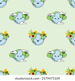 Earth cartoon seamless pattern background. Earth doodle illustration. Earth cartoon background. Perfect for fabric, textile, wallpaper, decor, shirt, illustration, print, packaging. SSTKbackgrounds
