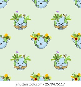 Earth cartoon seamless pattern background. Earth doodle illustration. Earth cartoon background. Perfect for fabric, textile, wallpaper, decor, shirt, illustration, print, packaging. SSTKbackgrounds
