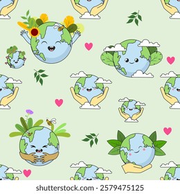 Earth cartoon seamless pattern background. Earth doodle illustration. Earth cartoon background. Perfect for fabric, textile, wallpaper, decor, shirt, illustration, print, packaging. SSTKbackgrounds
