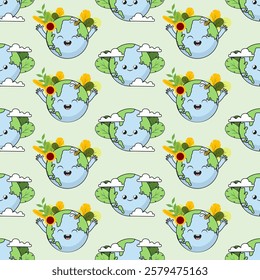 Earth cartoon seamless pattern background. Earth doodle illustration. Earth cartoon background. Perfect for fabric, textile, wallpaper, decor, shirt, illustration, print, packaging. SSTKbackgrounds
