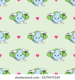 Earth cartoon seamless pattern background. Earth doodle illustration. Earth cartoon background. Perfect for fabric, textile, wallpaper, decor, shirt, illustration, print, packaging. SSTKbackgrounds
