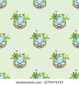 Earth cartoon seamless pattern background. Earth doodle illustration. Earth cartoon background. Perfect for fabric, textile, wallpaper, decor, shirt, illustration, print, packaging. SSTKbackgrounds
