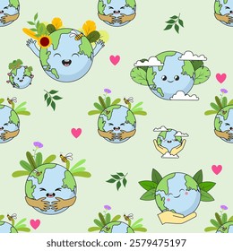 Earth cartoon seamless pattern background. Earth doodle illustration. Earth cartoon background. Perfect for fabric, textile, wallpaper, decor, shirt, illustration, print, packaging. SSTKbackgrounds
