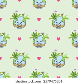 Earth cartoon seamless pattern background. Earth doodle illustration. Earth cartoon background. Perfect for fabric, textile, wallpaper, decor, shirt, illustration, print, packaging. SSTKbackgrounds
