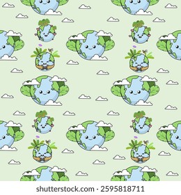 Earth cartoon seamless pattern background. Earth doodle illustration. Earth cartoon background. Perfect for fabric, textile, wallpaper, decor, shirt, illustration, print, packaging. SSTKbackgrounds