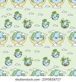 Earth cartoon seamless pattern background. Earth doodle illustration. Earth cartoon background. Perfect for fabric, textile, wallpaper, decor, shirt, illustration, print, packaging. SSTKbackgrounds