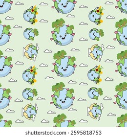 Earth cartoon seamless pattern background. Earth doodle illustration. Earth cartoon background. Perfect for fabric, textile, wallpaper, decor, shirt, illustration, print, packaging. SSTKbackgrounds