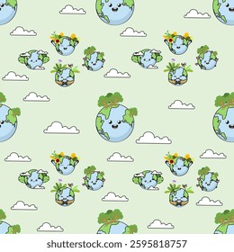 Earth cartoon seamless pattern background. Earth doodle illustration. Earth cartoon background. Perfect for fabric, textile, wallpaper, decor, shirt, illustration, print, packaging. SSTKbackgrounds