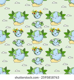 Earth cartoon seamless pattern background. Earth doodle illustration. Earth cartoon background. Perfect for fabric, textile, wallpaper, decor, shirt, illustration, print, packaging. SSTKbackgrounds
