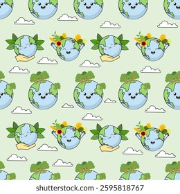 Earth cartoon seamless pattern background. Earth doodle illustration. Earth cartoon background. Perfect for fabric, textile, wallpaper, decor, shirt, illustration, print, packaging. SSTKbackgrounds