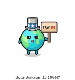 earth cartoon as uncle Sam holding the banner I want you , cute design