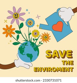 Earth character in 70s retro style. Postcard for Earth Day. Save our planet. Mascot of the planet, earth.