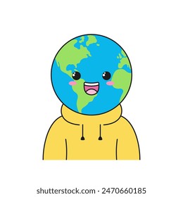 Earth character cartoon cute planet cheerful smile face surprised happy emotions vector illustration.