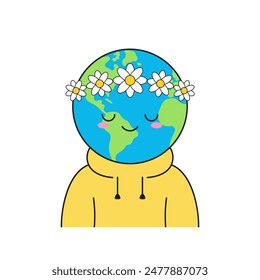 Earth character cartoon cute planet flowers harmony smile face happy emotions vector illustration.