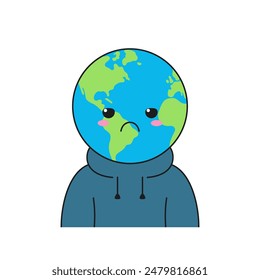 Earth character cartoon cute planet sadness angry face emotions vector illustration.