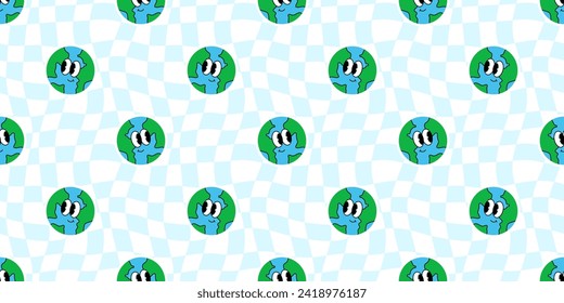 Earth character checkered seamless pattern illustration. Vintage psychedelic groovy planet background. Funny wallpaper print, trendy wavy checker board texture.