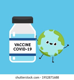 Earth character design. Vaccine Covid-19 vector. Bottle Vaccine virus Covid-19.