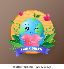 Earth character holding big heart with ribbon and nature plant wooden board.