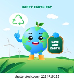 Earth character holding green board with recycle bubble on windmill green landscape.
