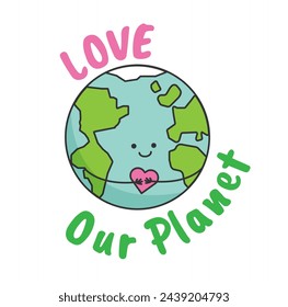 Earth character holding a heart. The concept of a happy environmental day