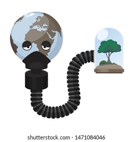 The earth character need fresh air from tree in a glass. Pollution concept illustration.