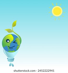 Earth character on top of a plastic bottle and growing shoots. Vector illustration.