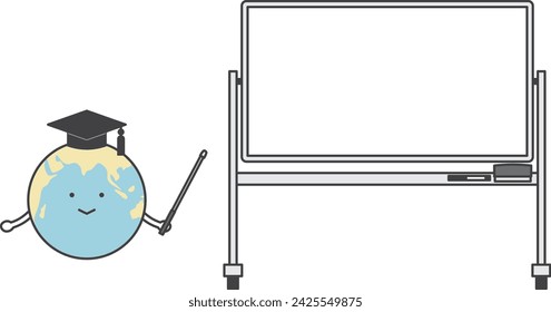 Earth character pointing with a pointer at a whiteboard.