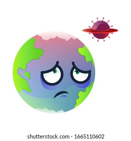 earth character with scary face and corona virus 