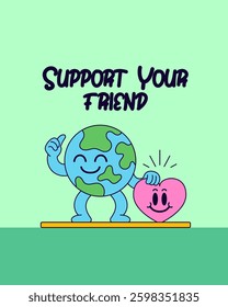 Earth character supporting a happy heart. The design conveys a message of friendship, kindness, and support for poster illustration