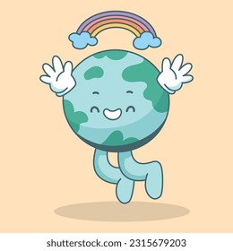 Earth character in trendy cartoon style. Planet mascot with hands and legs. Globe character is happy with rainbow. Flat cartoon style vector illustration.