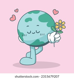 Earth character in trendy cartoon style. Planet mascot with hands and legs. Globe character is happy and giving flowers. Flat cartoon style vector illustration.