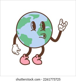 Earth character in trendy retro cartoon style. Funny globe with smiley jolly face. Vintage planet mascot with arms and legs. Environmental eco green life print concept. Vector flat illustration.