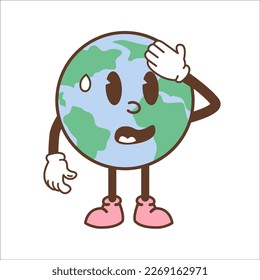Earth character in trendy retro cartoon style. Unhappy globe icon feeling hot. Vintage planet mascot trendy sticker. Environmental global warming eco concept. Vector flat illustration.