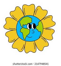 Earth character vector illustration. Blooming planet. Save the planet concept. Earth day sticker.