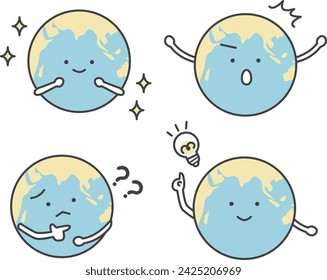 Earth characters with expressions of trouble and solution, and expressions of surprise and sparkle.