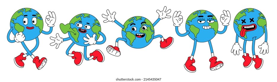 Earth characters in trendy retro cartoon style. Funny globe with smiley face. Set of comic vector illustration isolated on white background. Earth day or save green planet concept.